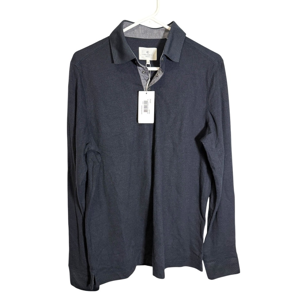 NEW CON.STRUCT M Navy Blue Long Sleeve Polo Shirt Textured Waffle Knit Preppy